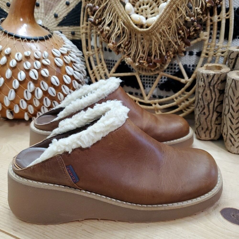 90's Y2K Boho Tommy Hilfiger Clogs Mules Slip On Leather Brown Women's 7.5M